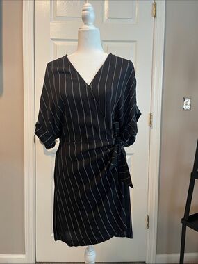 MELLODAY Black Pinstripe Wrap Midi Dress